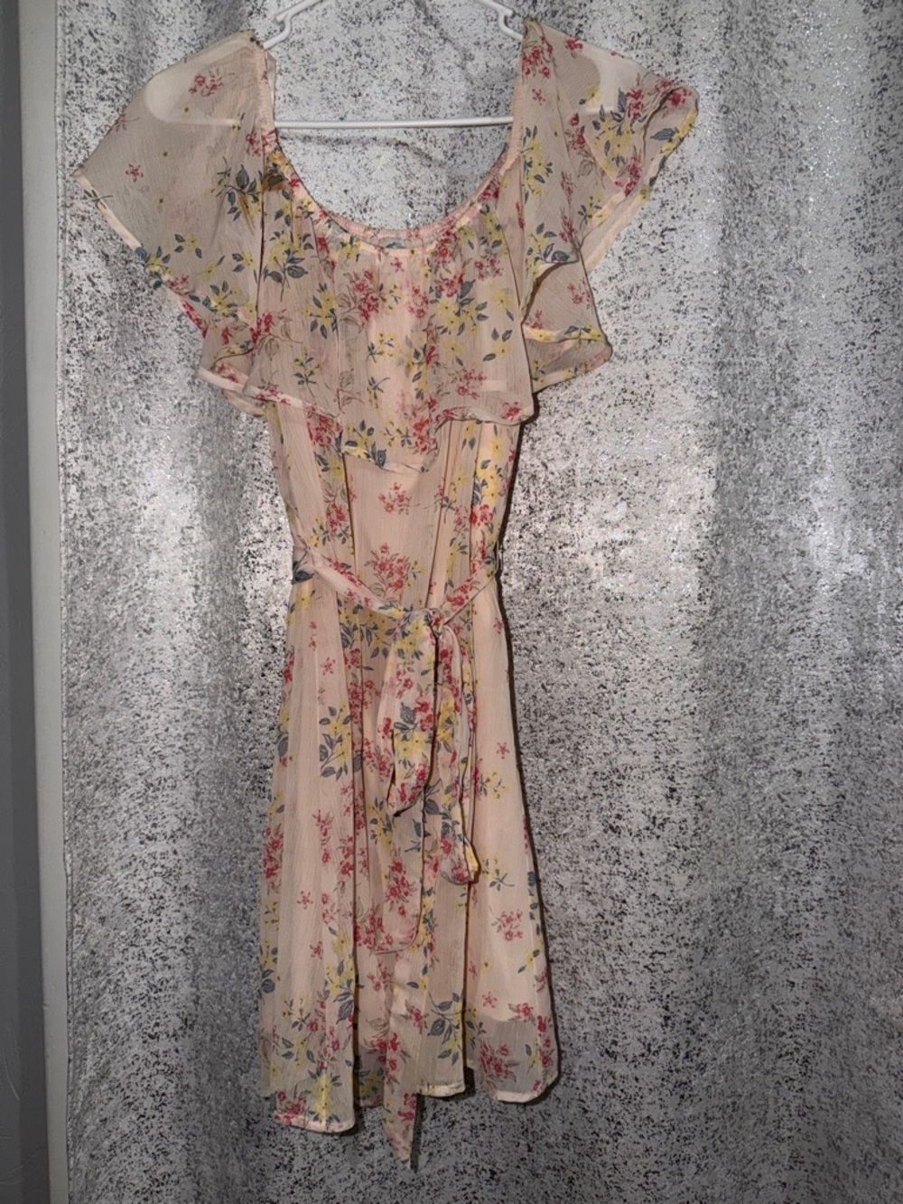 Blue Rain Floral Ruffle Belted Midi Dress - Cream with Pink & Yellow